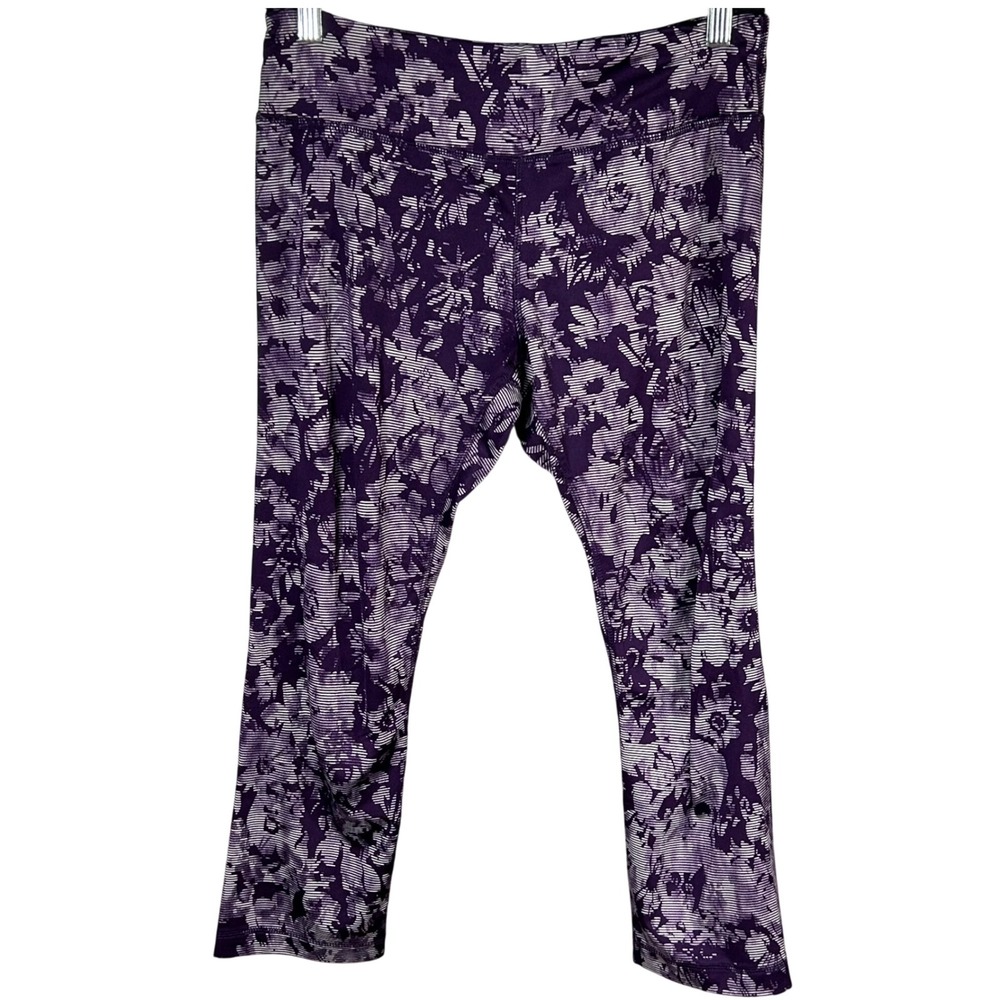 RBX Purple White Floral Stripe Athletic Leggings Cropped Capris Women's‎ Size L